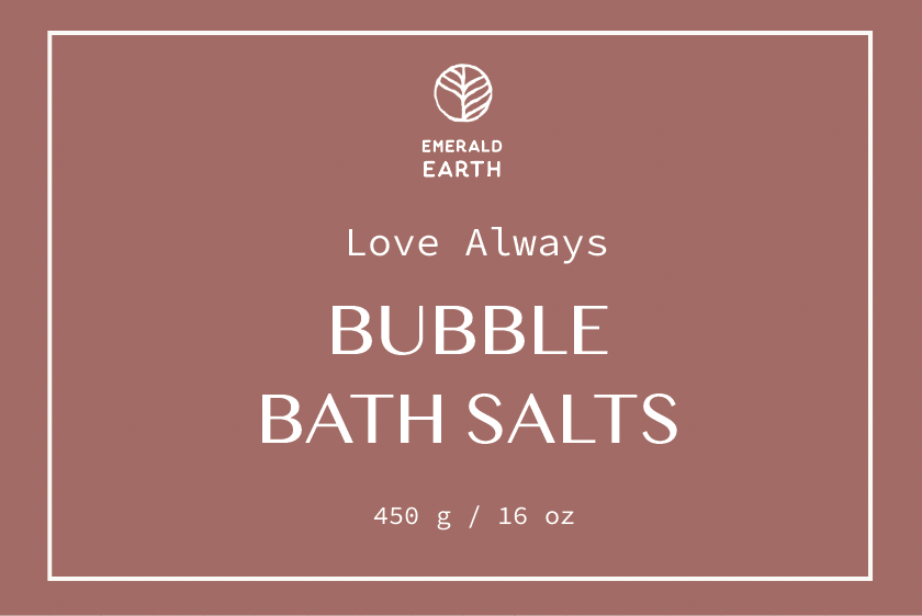 Bubble bath salts packaging with 'Emerald Earth' branding on a brown background