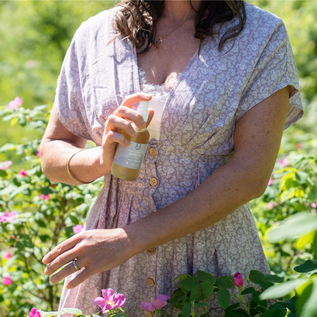 rose and lavender moisturizing body oil made in Canada