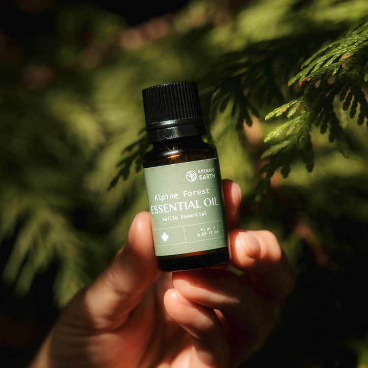 Hand holding a bottle of 'Alpine Forest Essential Oil' against a green leafy background