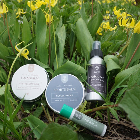 Outdoor balm products in a field of yellow flowers with mountains in the background