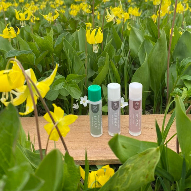 Three skincare products on a wooden platform with a field of yellow flowers and mountains in the background