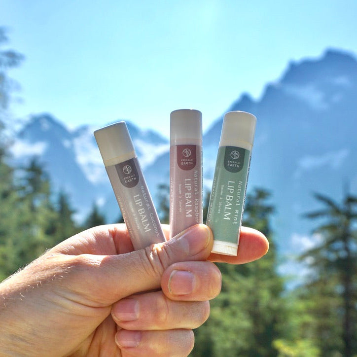Three lip balm tubes held in a hand with a mountainous landscape in the background