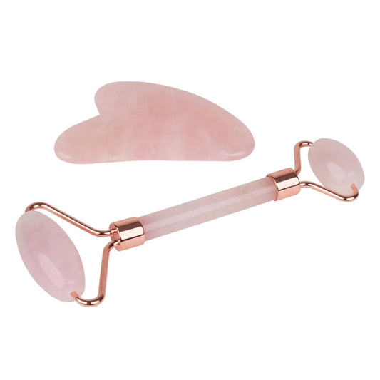 rose quartz facial roller and gua sha set for facial massage